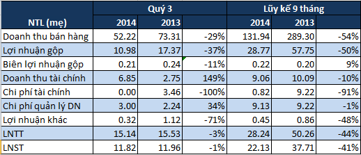 NTL (mẹ): Hàng tồn kho hơn 1.000 tỷ đồng, 9 tháng lãi sau thuế 22 tỷ, giảm 40% cùng kỳ 2013